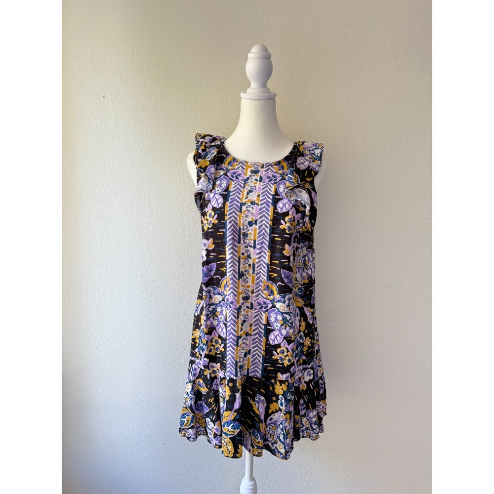 Free People‎ Women's M Boho Floral Ruffle Mini Dress Open Back Tie Summer Casual